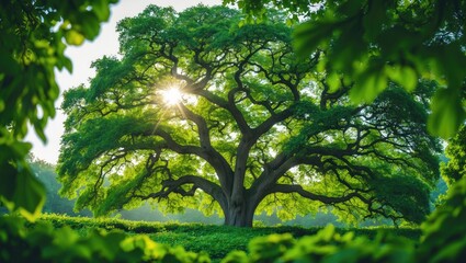 Poster - Bright sunlight streams through the bent branches of a grand green tree