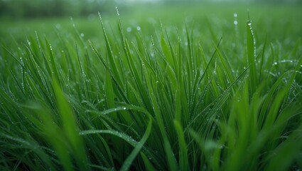 Poster - Dew-Covered Green Grass, Embracing the Enchantment of Dewy Mornings