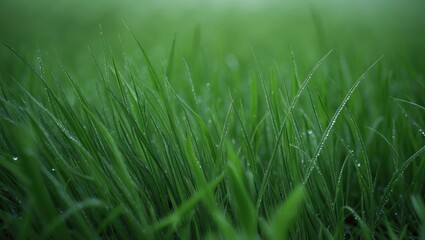 Poster - The Green Grass Shrouded in Dew, Showcasing the Beauty of Dewy Mornings