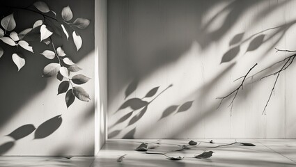 Poster - Abstract The shadows of natural leaves on a gray background reflecting off concrete walls, with fallen branches against a white wall surface and monochrome wallpaper.