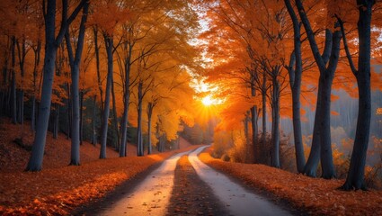 Poster - The shining sun climbs over the hill within the forest