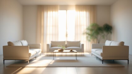 Poster - Calm living space with soft focus, drenched in natural light, showcasing sleek furniture and neutral hues, great for serene backdrops.