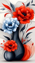 Poster - flowers are arranged inside a dark vase against a patterned background with red and blue colors.