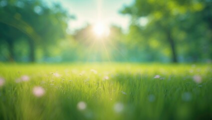Poster - Gentle focus on a grassy field illuminated by sunlight.
