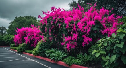 Poster - A colorful array of pink bougainvillea vines flowing over rich green leaves, forming a beautiful contrast with the sky.