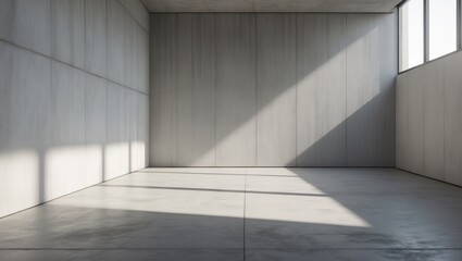 Poster - A sleek, modern space with concrete walls and flooring. Sunlight pours in from the window, projecting long shadows onto the floor.