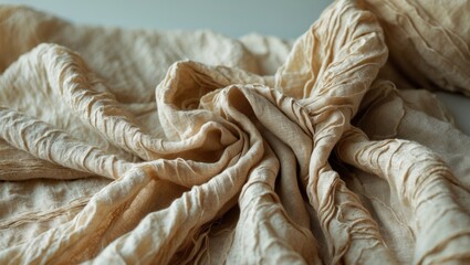 Poster - Close-up of textured crinkled linen fabric featuring soft wavy folds.
