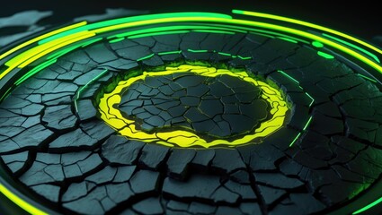 Poster - A detailed high-resolution texture of cracked earth featuring vibrant neon green, yellow, and black hues, forming an abstract and futuristic digital backdrop.