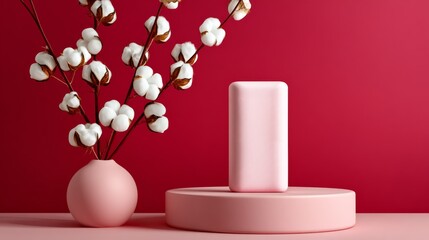 Poster - Pink soap is displayed on a pink pedestal in front of a vase of white cotton flowers. The soap is placed on a round base, which is also pink. The arrangement creates a visually appealing