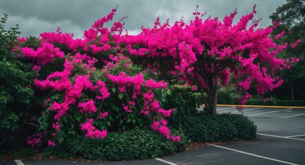 Poster - A vivid arrangement of pink bougainvillea vines spilling over lush greenery, establishing a stunning contrast against the sky.