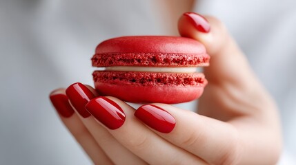 Poster - Woman is holding a red macaron in her hand. The macaron is decorated with a white filling and is placed on top of her fingernail