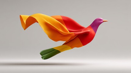 Poster - Colorful bird is flying through the air. The bird is made of fabric and has a rainbow of colors. The image is vibrant and lively, with the bird appearing to be in motion