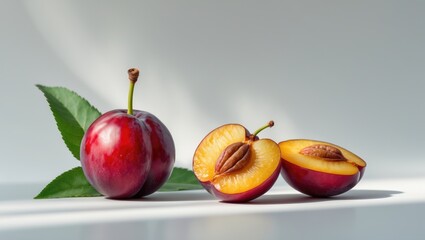 Poster - Sliced juicy red Plum fruits featuring a green leaf.