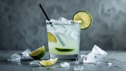 Poster - Margarita drink featuring lime and ice on a grey concrete backdrop, with room for text.
