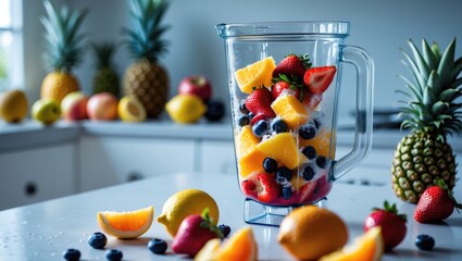 Aufkleber - Preparing a drink by mixing fruit pieces in a blender.