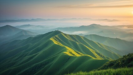 Aufkleber - Mountain layers and stunning sunrise view with foggy landscape from the summit. Nature backdrop and adventure theme