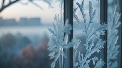 Aufkleber - Detailed ice patterns on a window, producing fragile crystals in a setting.