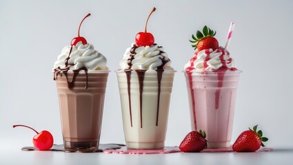 Aufkleber - Assorted milkshake flavors in takeaway containers, finished with whipped cream and cherries, isolated on a white background.