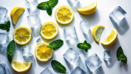 Aufkleber - Top-down view of lemonade setup with lemon slices, mint leaves, and ice cubes