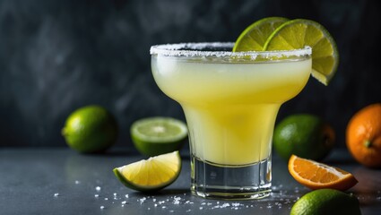 Poster - Lime Lemon Margarita from Mexico on a Grey Surface with Sliced Limes and Oranges Against a Black Background