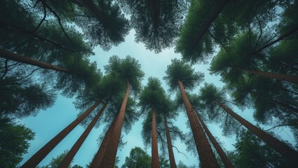 Aufkleber - Gazing at the tree crowns from the ground, showcasing the tranquil beauty of tall trees beneath the open sky, creating a natural, majestic ambiance.