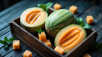 Poster - Wooden box containing melon. Slices of melon displayed. Set against a background.
