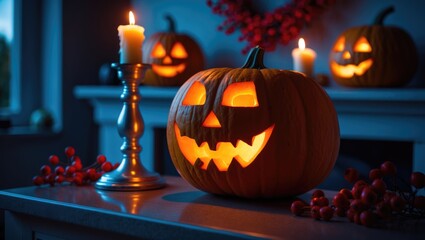 Aufkleber - Smiling jack-o'-lantern Halloween pumpkin with candles on fireplace in home decor