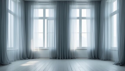 Poster - Windows dressed with elegant curtains in a vacant room