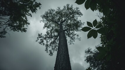 Aufkleber - Gazing up from the ground at a towering tree with textured bark and leafy branches beneath a cloudy sky.