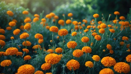 Aufkleber - Numerous beautiful orange marigold blooms in the garden.
