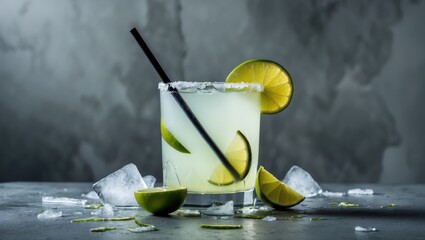 Poster - Lime and ice Margarita cocktail against a grey concrete surface, ample copy space.