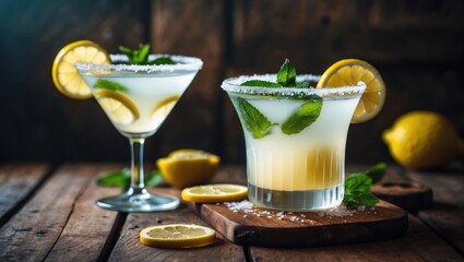 Poster - Wooden table showcasing a Margarita cocktail with lemon, mint, and salt.