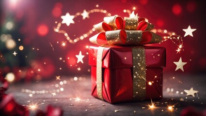 Poster - Enchanted Christmas of gifts and shimmering stars with a blurred backdrop