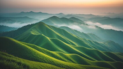 Aufkleber - Stunning mountain layers and sunrise view with fog-covered landscape from the peak. Nature scenery and adventure idea