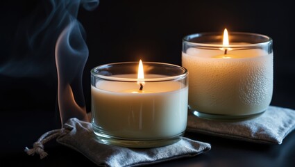 Poster - Three lit scented wax candles arranged on a black background for aromatherapy, creating an atmosphere of comfort and peace