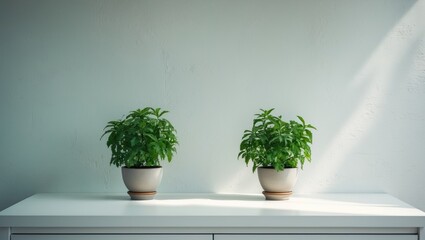 Poster - White desk adorned with a small green plant and wall backdrop in a home setting