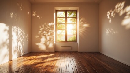 Poster - Background of a studio room with wooden floors and white plaster walls, bathed in warm sunlight from the window, casting summer leaf shadows, showcasing parquet flooring and white walls, vacant space