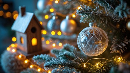 Poster - Opulently adorned Christmas tree with a close-up of a wooden toy house. Warm yellow light garland. Evening ambiance.