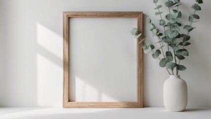 Poster - Wooden frame display on a white wall offering room for artwork, photo, or print presentation in a simple interior with an eucalyptus branch.