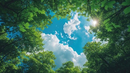 Aufkleber - Gazing at the blue sky with white clouds through the tall green trees in the summer forest.