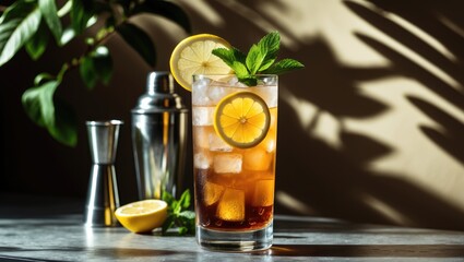 Poster - Long Island iced tea mix in a highball glass containing vodka, rum, tequila, gin, liquor, lemon juice, cola, and ice, garnished with lemon and mint.