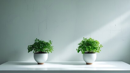 Poster - Home interior featuring a white desk with a small green plant against a wall background