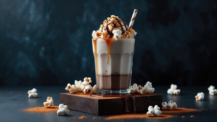 Poster - Milkshake topped with caramel sauce, popcorn, and chocolate powder in the background.