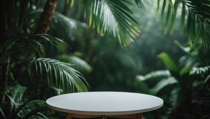 Poster - Jungle-themed table backdrop. Interior table set for a cosmetic product amidst greenery and jungle.