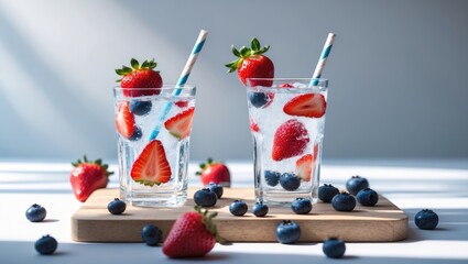Aufkleber - Glass of mineral-infused mocktail with strawberries and blueberries on wooden surface with paper straws and background space