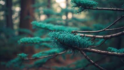 Poster - Coniferous tree branches adorned with small volumetric needles in light turquoise green blue