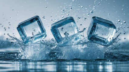 Poster - Close-up of ice cubes splashing in water isolated on a background