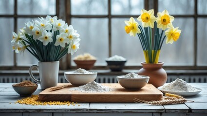 Poster - Windowed white wooden table. Free area for your product and flower embellishments.