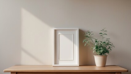 Poster - A white frame displayed on a wooden table.