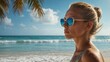© Alexandre - Uma mulher serena usando óculos escuros estilosos observa uma linda praia tropical em um dia ensolarado.